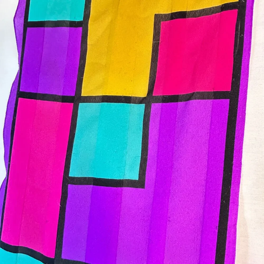 Vintage 80s Purple Multicolor Stained Glass Colorblock Rectangular Silk Scarf